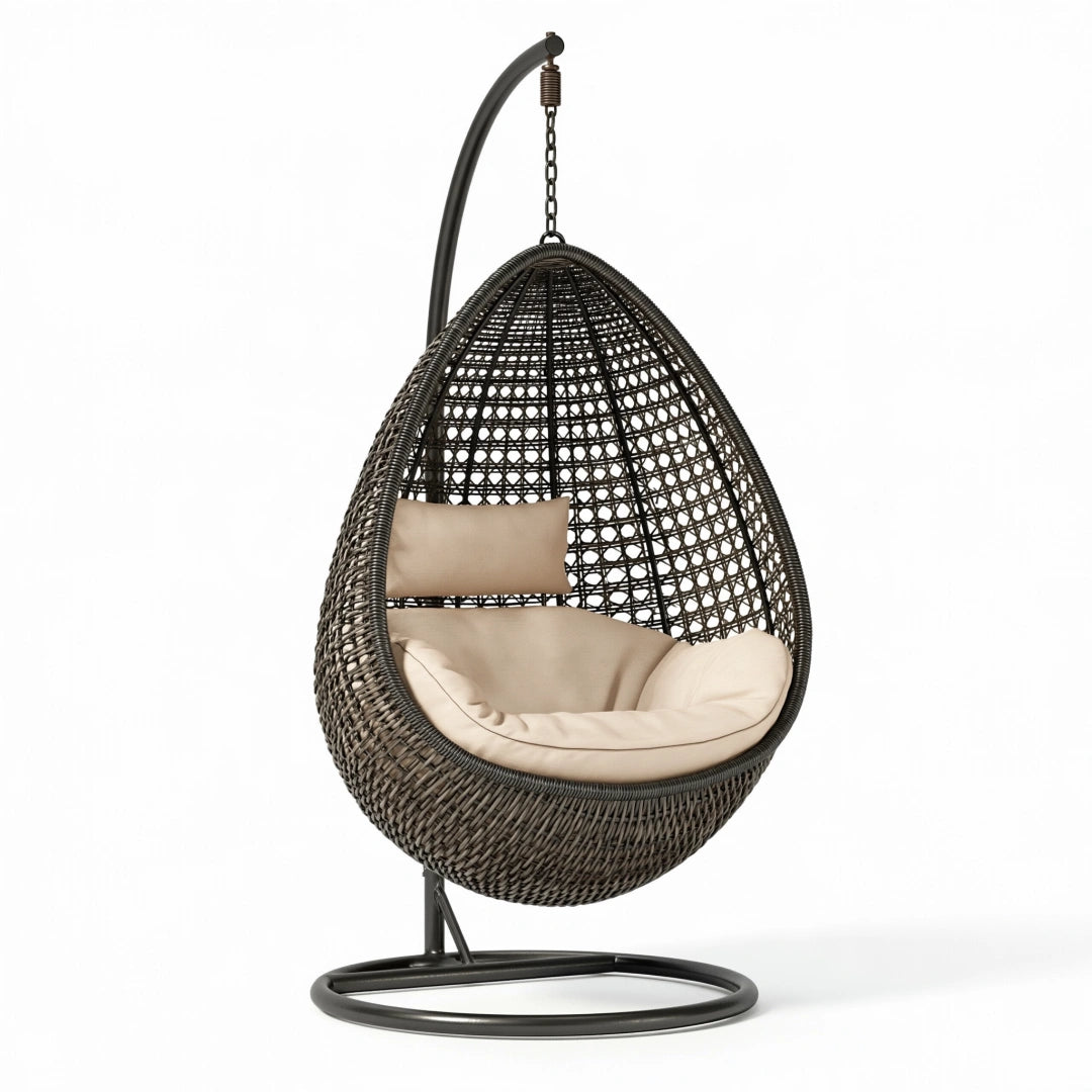 Poltrona sospesa 105 x 105 x 195 cm in rattan sintetico e metallo nero beige - design a uovo con supporto