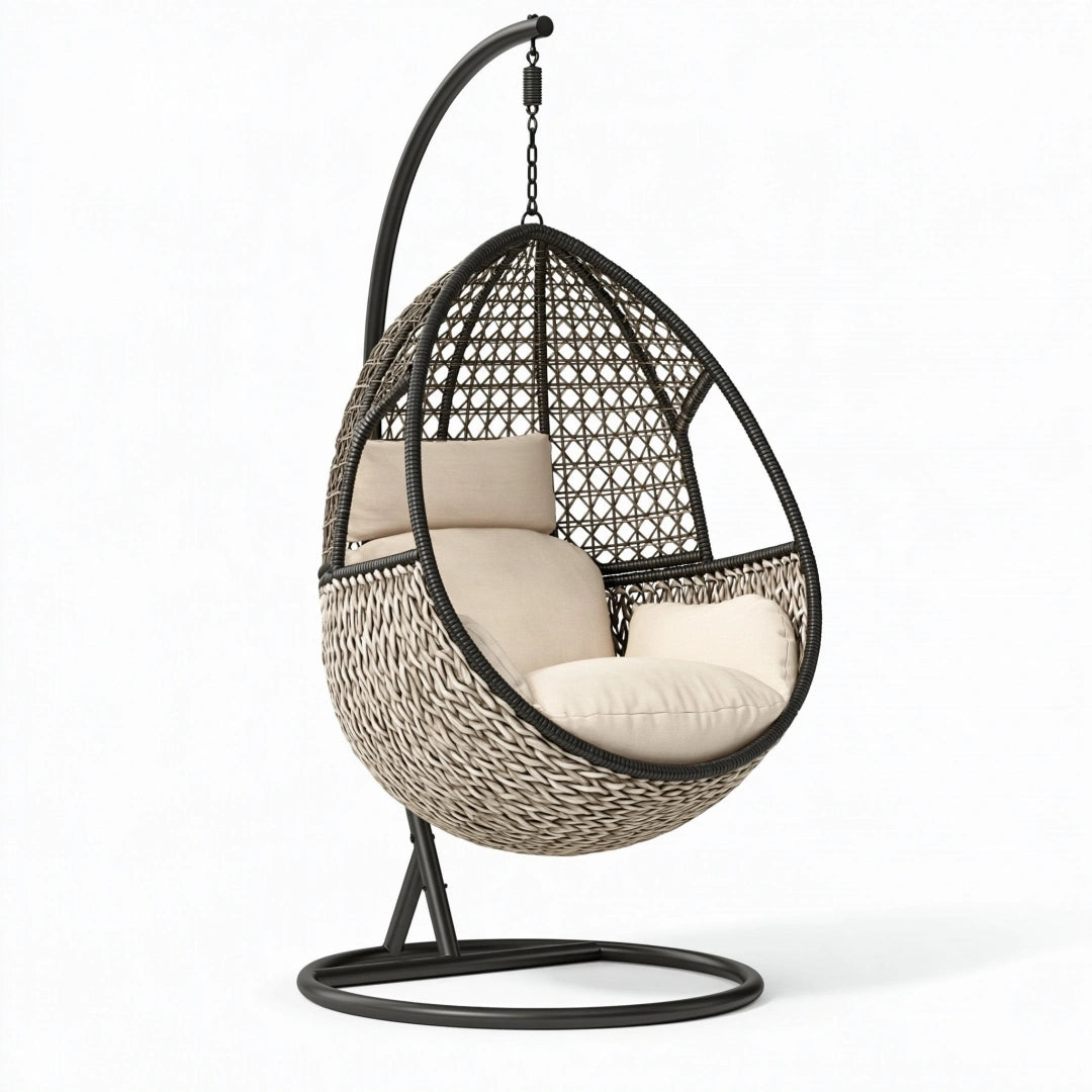 Poltrona sospesa 100 x 100 x 195 cm in rattan sintetico beige e nero da esterno con supporto
