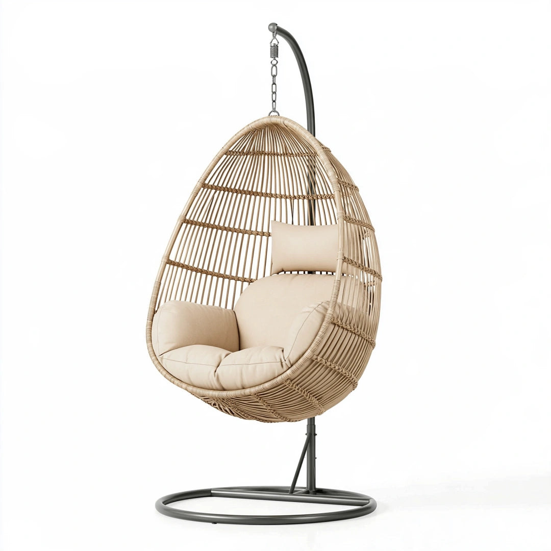 Poltrona sospesa 105 x 105 x 195 cm in fibra intrecciata beige con supporto in metallo - stile boho da interno