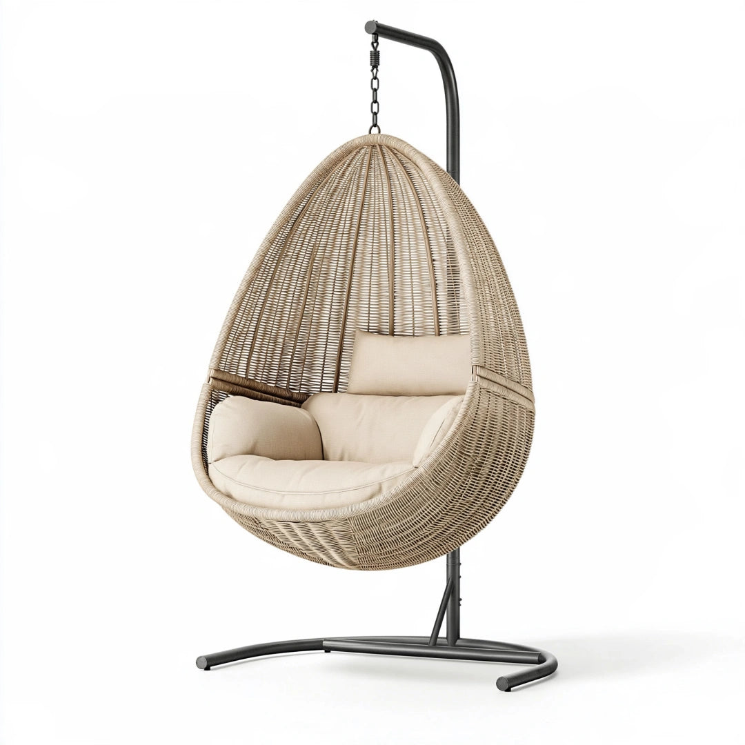 Poltrona sospesa 105 x 105 x 195 cm in rattan sintetico beige con supporto in acciaio stile boho