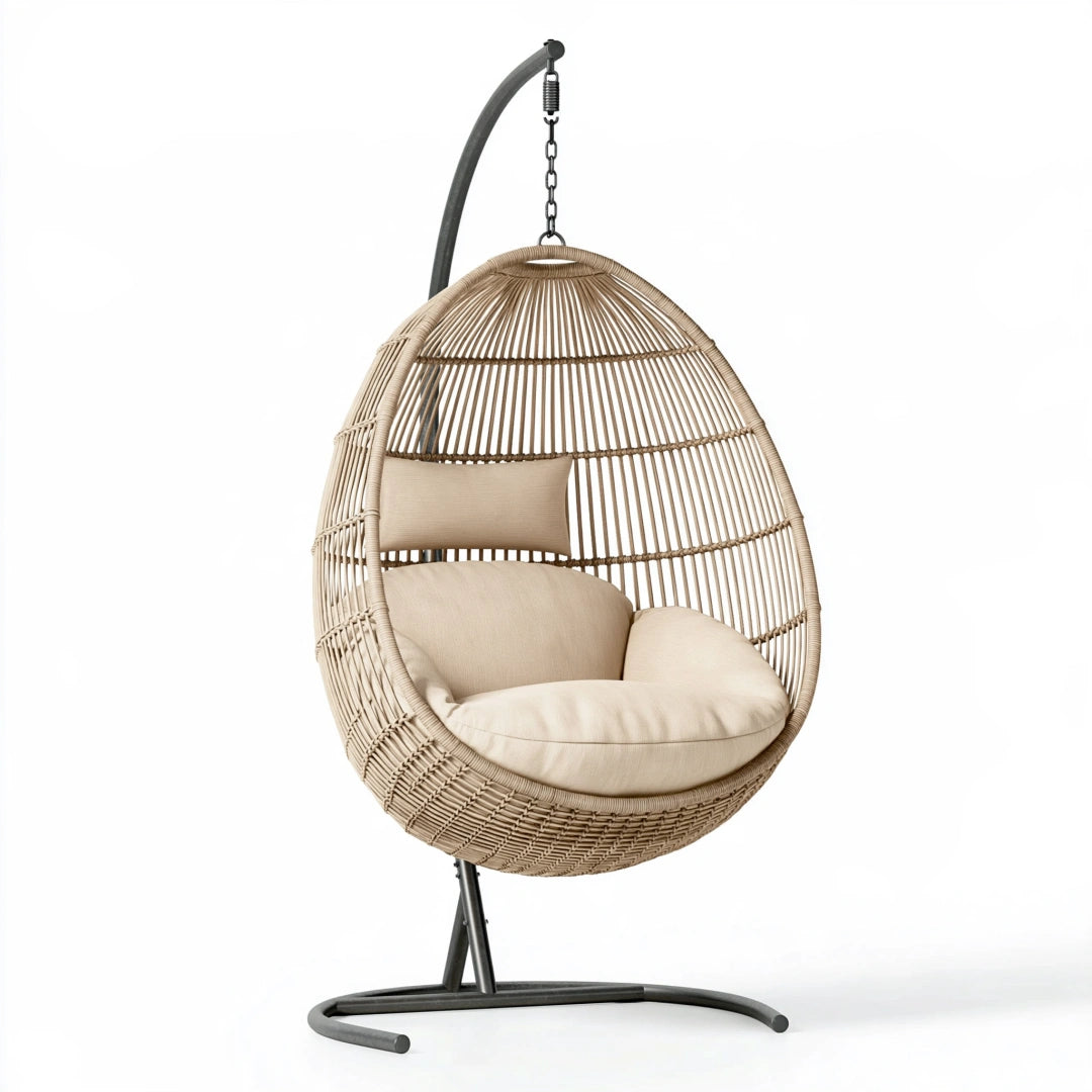 Poltrona sospesa 105 x 105 x 195 cm in rattan naturale e acciaio nero per interni ed esterni coperti - stile boho
