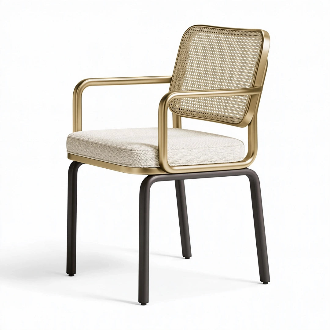 Sedia con braccioli 60 x 60 x 82 cm in metallo beige e nero con schienale intrecciato stile moderno