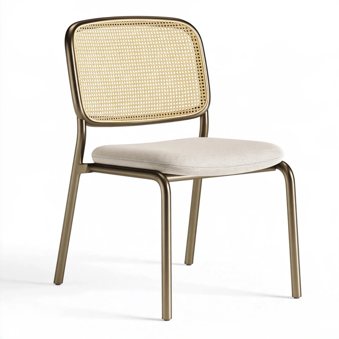 Sedia 55 x 57 x 80 cm in metallo bronzo con schienale in rattan e seduta imbottita beige