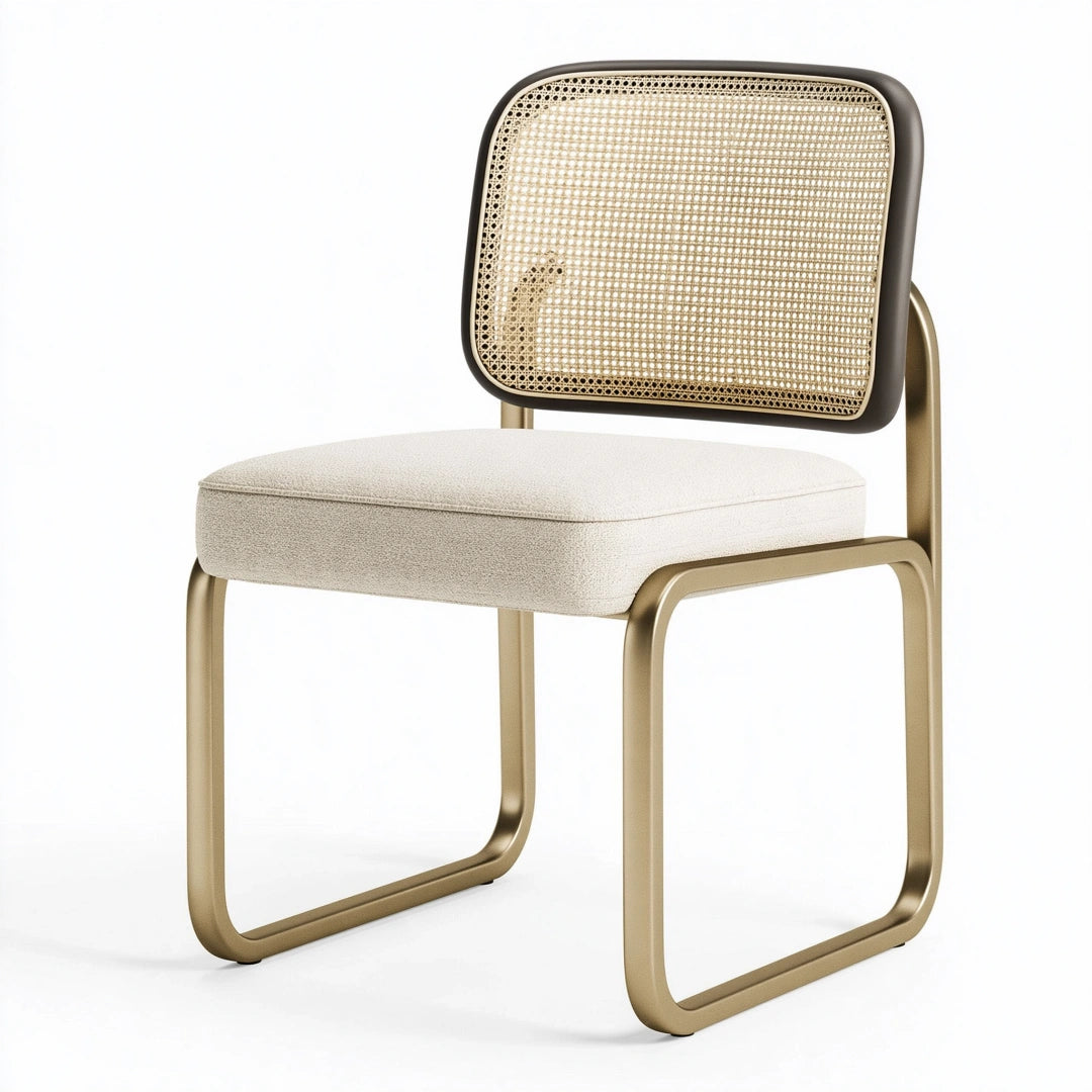Sedia da pranzo 56 x 55 x 82 cm in metallo beige con schienale in rattan e seduta imbottita moderna