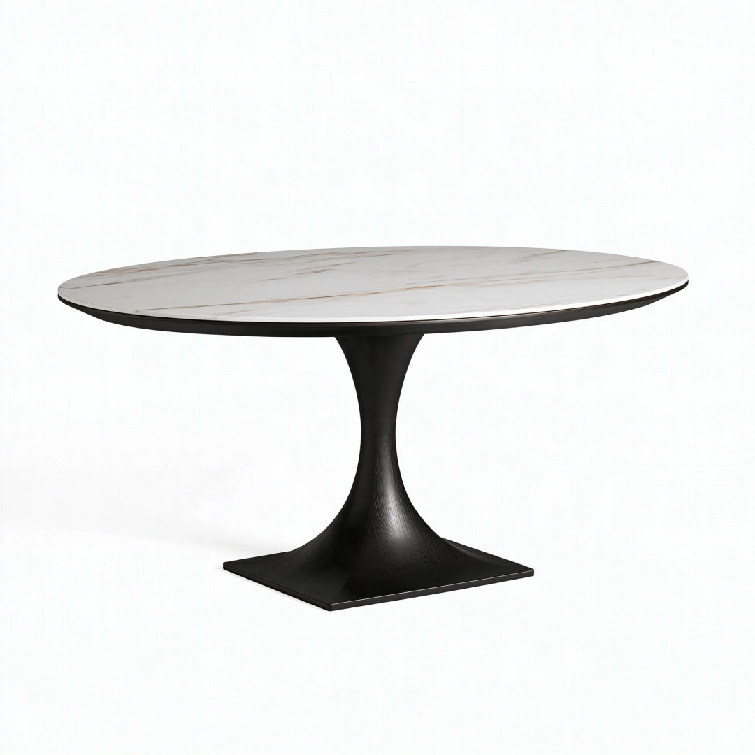 Tavolo da pranzo ovale 180x100x75 cm piano effetto marmo bianco base nera stile moderno