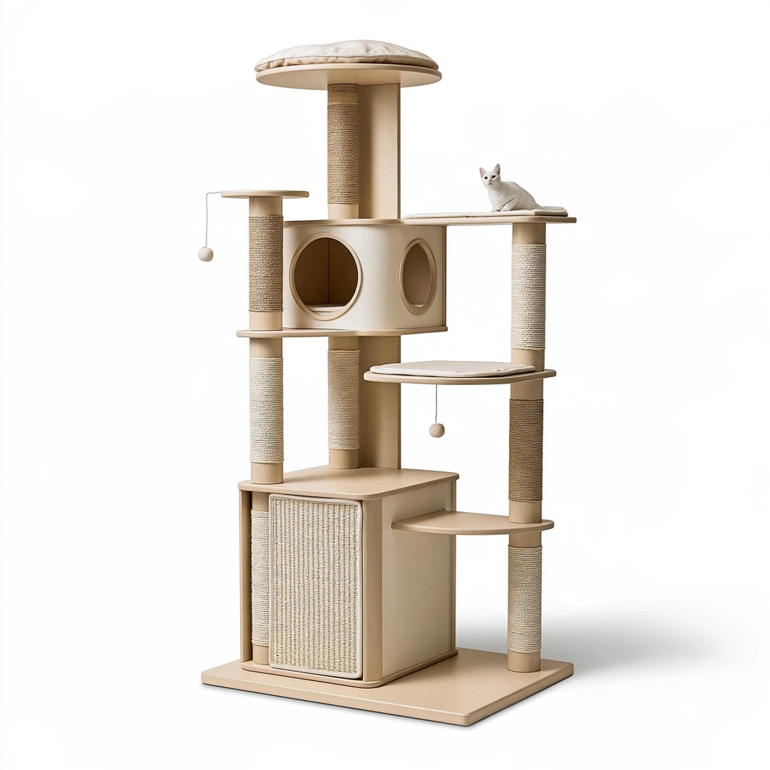 Albero tiragraffi per gatti 70 x 50 x 170 cm in legno beige con sisal e cuccia multipiano
