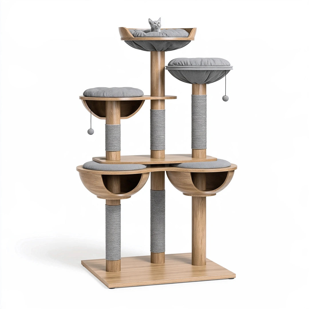 Albero tiragraffi per gatti 80 x 60 x 155 cm in legno marrone e corda grigia con cucce e giochi sospesi