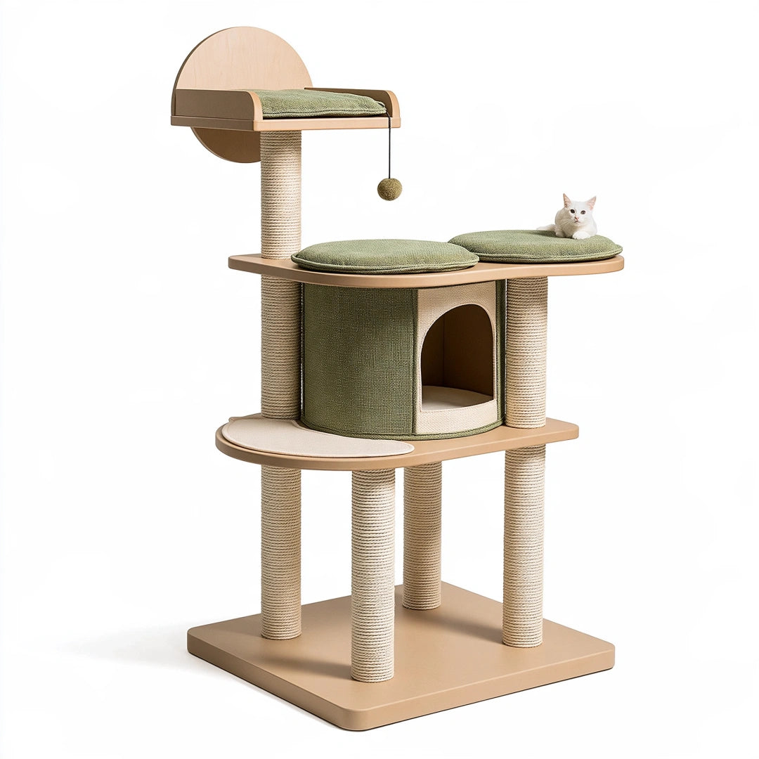 Tiragraffi per gatti 60 x 60 x 150 cm in sisal beige e verde con cuccia e piattaforme