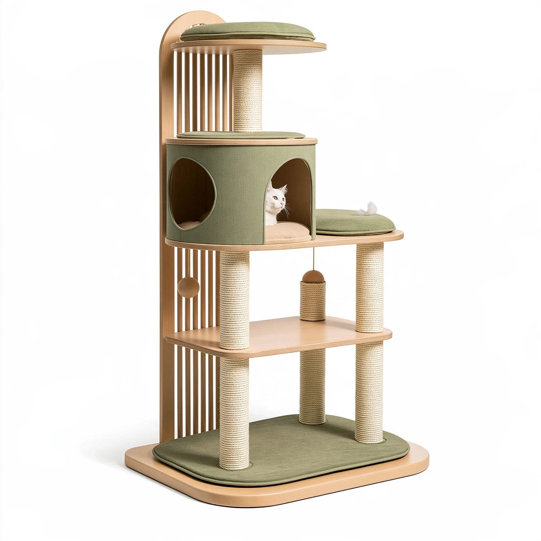 Tiragraffi per gatti 80 x 55 x 170 cm in legno e sisal verde - torre con cuccia e piattaforme