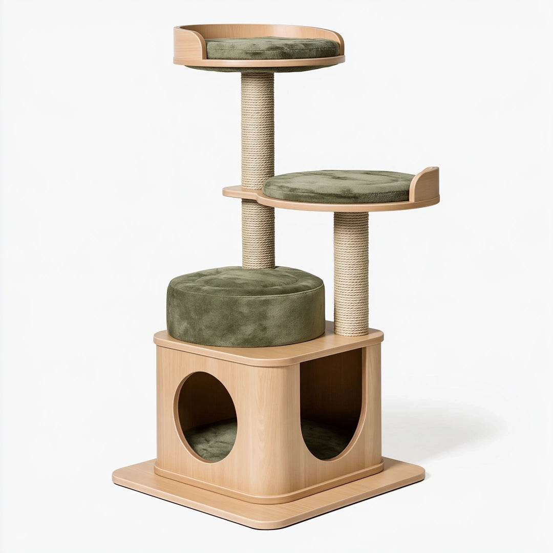 Tiragraffi per gatti 60 x 60 x 150 cm in legno naturale e sisal verde oliva - struttura multilivello con cuccia
