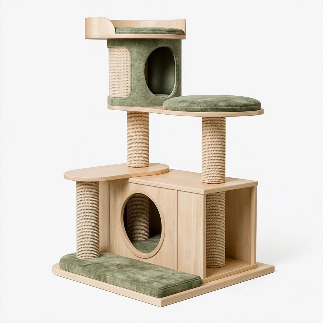Albero tiragraffi per gatti 70 x 50 x 150 cm in legno beige e verde con sisal e cucce