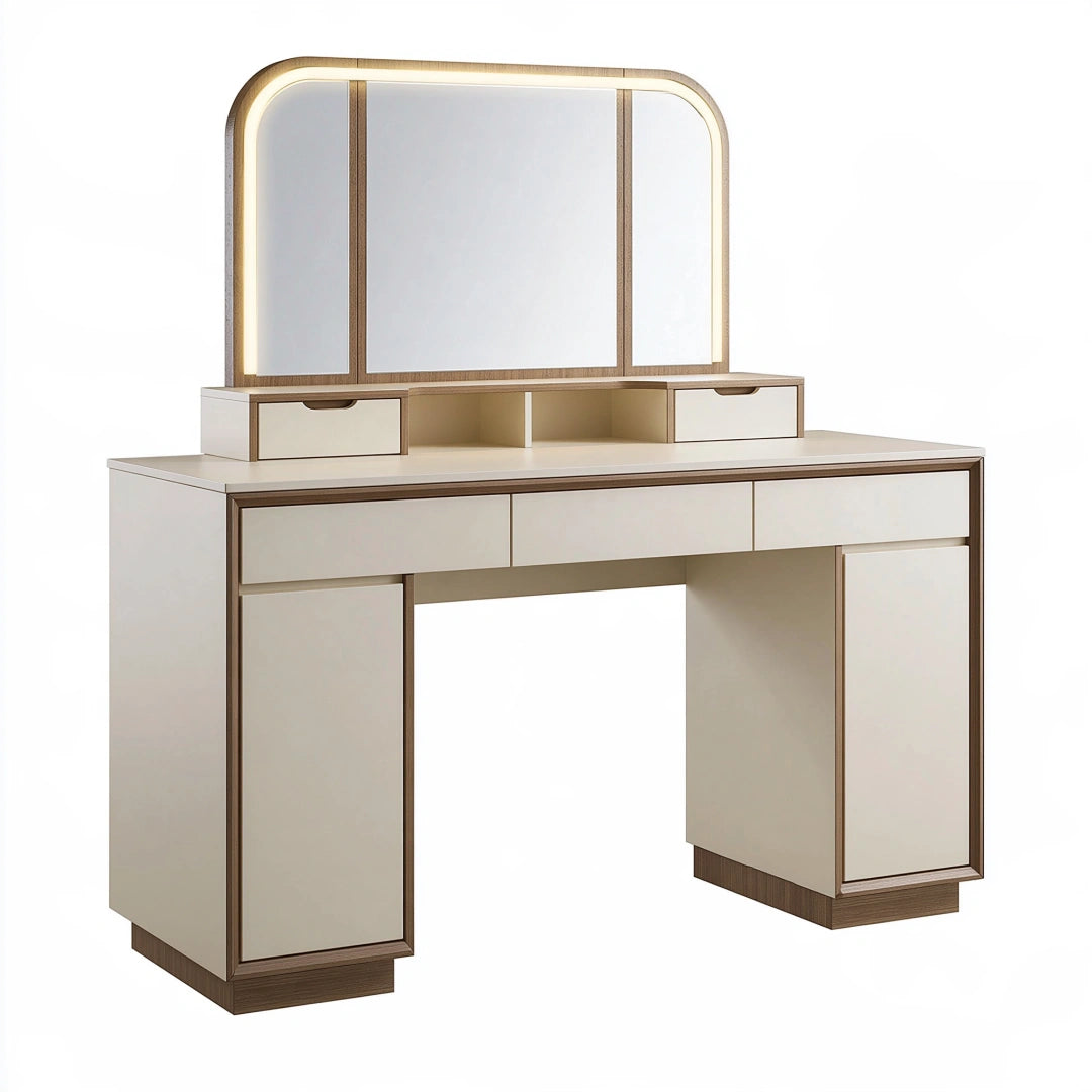 Toeletta 120 x 45 x 140 cm in legno crema e marrone con specchio illuminato e contenitori