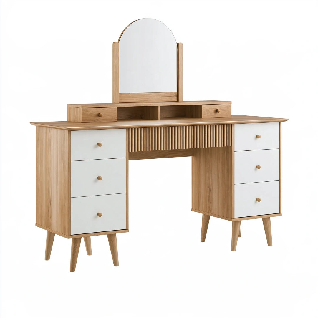 Tavolo da toeletta 120 x 50 x 145 cm in legno naturale e bianco con specchio e cassetti stile nordico