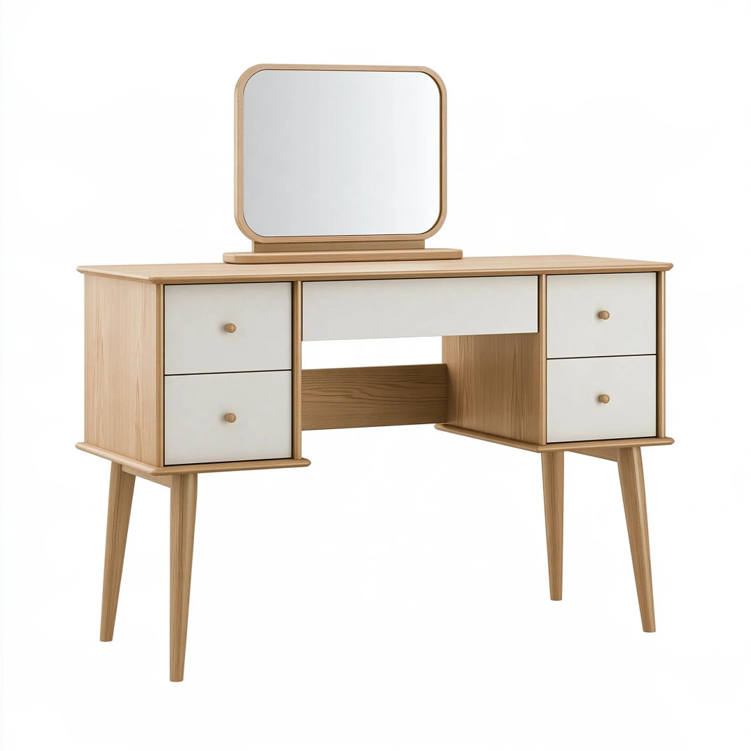 Toeletta 120 x 45 x 145 cm in legno beige e bianco con specchio e 4 cassetti stile moderno