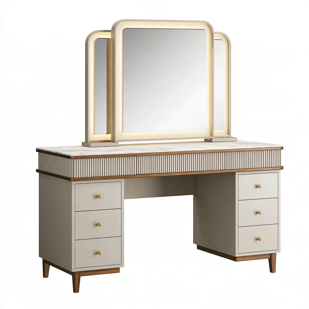 Toeletta con specchio triplo 120 x 45 x 145 cm bianco e oro in legno ingegnerizzato stile moderno