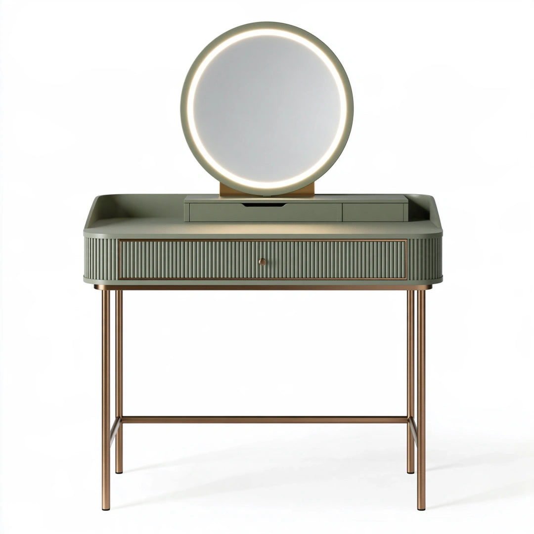 Tavolo da toeletta 100 x 45 x 145 cm in legno verde salvia e oro con specchio LED e cassetti