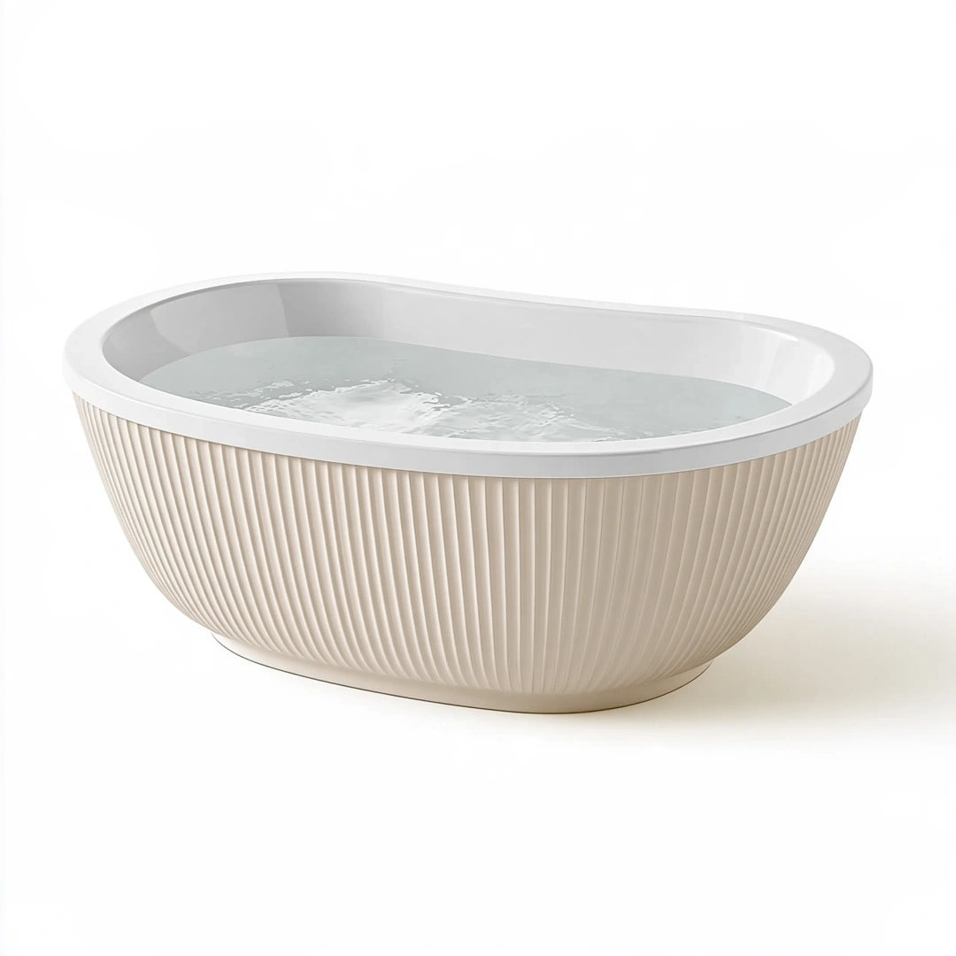 Vasca da bagno freestanding 170 x 80 x 58 cm in acrilico avorio con superficie scanalata stile contemporaneo