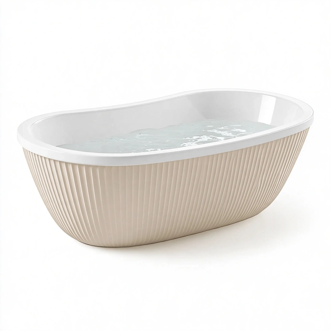 Vasca da bagno freestanding 170 x 75 x 58 cm in acrilico bianco e beige - stile moderno scanalato